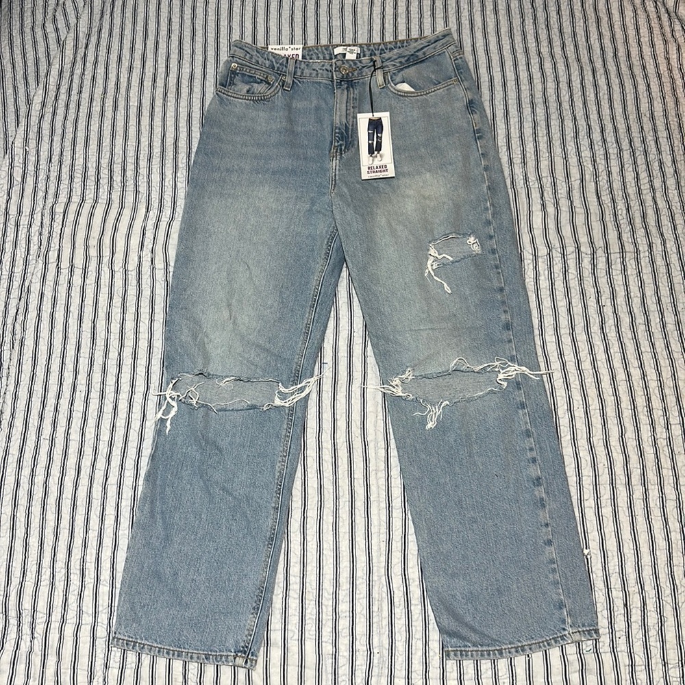 NWT Vanilla Star Jeans Juniors Button Fly Relaxed Straight Distressed size 30